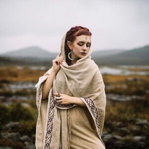 Celtic Fusion Wool Cape Viking Druid Cowboy Cloak with Knot Embroidery Handwoven